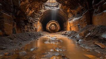 Abandoned Tunnel Interior, Water Flowing photo