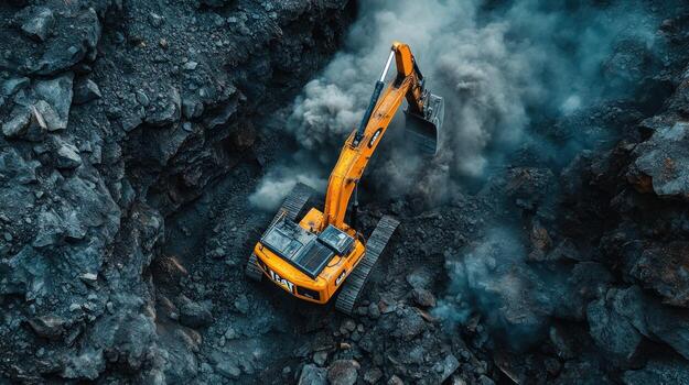 Aerial view of excavator digging in coal mine photo