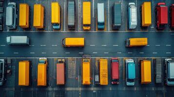 Aerial view of parked trucks and vans in a parking lot photo