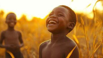 African children laughing in golden sunset field photo