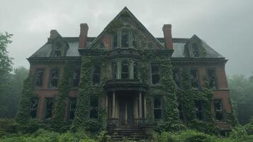 Abandoned Mansion Covered in Vines on a Misty Day photo