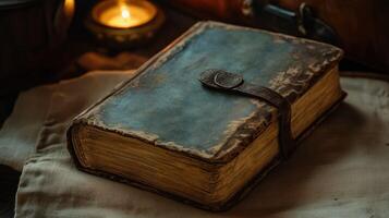 Aged book on cloth, candlelight setting photo