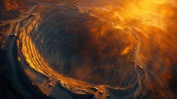Aerial view of massive open-pit mine at sunset photo