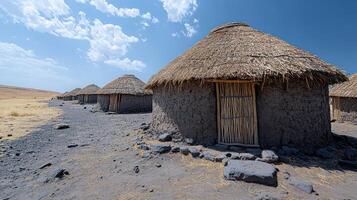 African mud huts under a bright sky photo