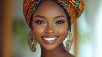 African woman smiling, adorned headwrap, indoors photo
