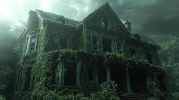 Abandoned overgrown house in gloomy forest photo
