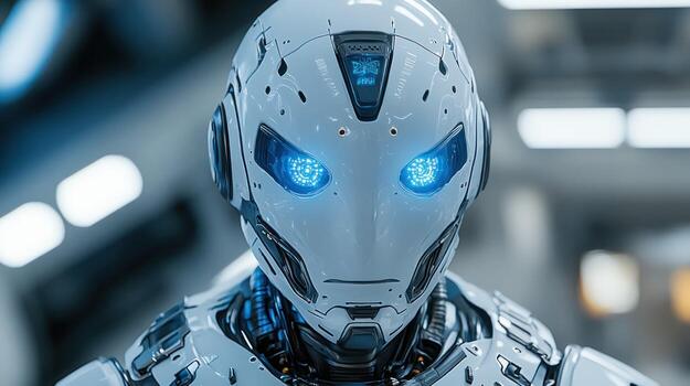 Advanced robot head in futuristic factory photo