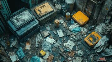Abandoned, cluttered workshop floor photo