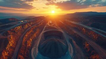 Aerial Sunset Over Open Pit Mine photo
