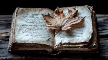 Aged book, dried leaf, rustic table photo