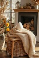 Egg on a wicker basket in front of a fireplace photo