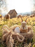 A rabbit is sitting in a nest with an egg photo
