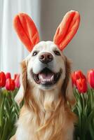 A dog wearing bunny ears and a tulip in front of a window photo