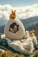Bunnies in a nest on top of a mountain photo