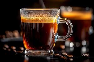 Coffee served in a clear glass cup with roasted beans on a dark background. Clear glass cup filled with rich coffee, scattered roasted beans around, steam rising gently into the air on dark background photo