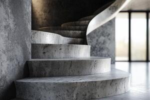 Elegant spiral staircase showcasing modern home textures with natural light. beautiful spiral staircase features smooth concrete textures, flowing elegantly towards large windows, home textures photo