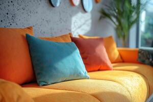 Colorful cushions adorn a vibrant orange sofa in a cozy and inviting living space with natural light. Soft cushions in bright colors rest on a warm orange sofa, creating a cheerful and cozy atmosphere photo