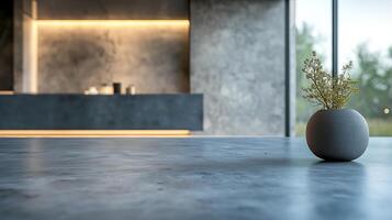 Textured kitchen space with minimalist vase and plant set against a modern backdrop during daytime. A minimalist kitchen features a textured stone countertop with a small vase holding greenery photo