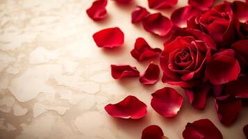 Red roses with delicate petals scattered on a soft background for romantic occasions and celebrations. Red rose petals on a light neutral background photo