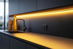 Modern kitchen design features sleek home textures and warm lighting, inviting atmosphere. This stylish kitchen showcases minimalist design with dark cabinetry, modern sink, elegant cooking space photo
