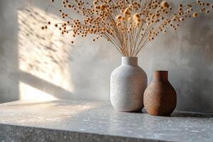 Elegant home decor showcasing textured vases with dried flowers on a marble surface bathed in warm sunlight. Textured vases in neutral tones hold delicate dried flowers on sleek marble surface photo