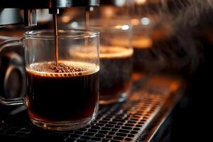 Coffee brewing process captured in detail with rich texture and vibrant colors highlighting artistry of espresso making. Freshly brewed coffee filling a glass mug from an espresso machine photo