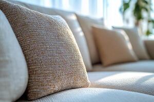 Cozy home interior with textured cushions on a stylish couch in warm afternoon light. Soft, inviting cushions lay on a modern couch, illuminated by warm afternoon sunlight photo