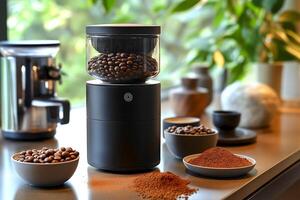 Coffee grinder sits on kitchen counter beside fresh coffee beans and ground coffee with warm setting. sleek coffee grinder on a modern kitchen counter, bowls of coffee beans and freshly ground coffee photo