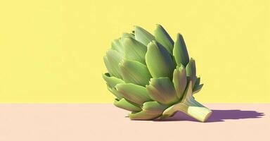 Fresh artichoke with vibrant colors against a simple background highlighting its unique shape and texture. artichoke on a pastel surface, against contrasting background photo