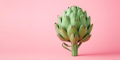 Green artichoke on soft pink background highlighting its unique shape and intricate leaf structure. green artichoke rests prominently against a soft pink background with copy space photo