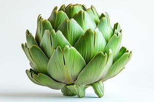 Green artichoke on white background highlighting its unique shape and intricate leaf structure. green artichoke isolated on white, healthy snack photo