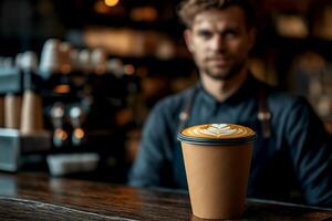 Barista creates latte art at cozy coffee shop with soft lighting and warm atmosphere. skilled barista serves beautifully crafted cup of latte with intricate milk foam art in a dimly lit coffee shop photo