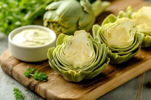 Fresh artichoke hearts served with dipping sauce on a wooden board beside greens in a cozy kitchen setting. Sliced artichoke hearts on a wooden board next to a small bowl of creamy sauce photo