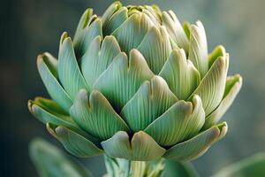 Fresh artichoke with vibrant green leaves showcasing natural beauty in a serene setting. artichoke head with green leaves against natural background photo