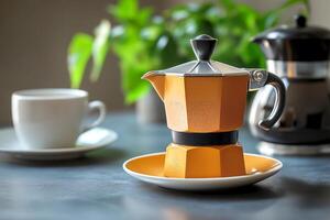 Coffee brewing process in a cozy kitchen with a moka pot on a table beside a cup. Coffee pot on a plate on a kitchen table, ready for brewing coffee. Morning atmosphere, breakfast time photo