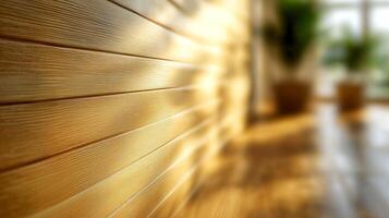 Golden sunlight reflects on textured wooden walls, enhancing a warm and inviting home atmosphere. Soft light cascades over the textured wooden walls creating a warm ambiance in a cozy living space photo