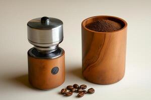 Freshly ground coffee and whole beans displayed elegantly in wooden containers on light background. Wooden coffee grinder stands next to a small canister filled with ground coffee, coffee beans around photo