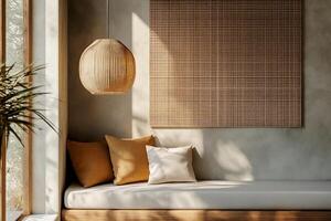 Cozy corner with natural textures and warm lighting in a serene home setting. Soft sunlight filters through, highlighting the warm tones of cushions and natural materials against a textured wall photo