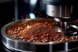 Freshly ground coffee beans creating a fragrant pile in a modern coffee grinder during morning preparation. The process of grinding coffee beans in a sleek grinder, morning rituals photo