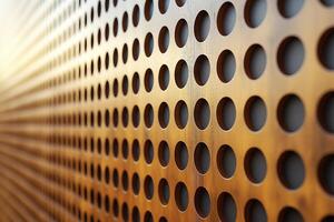 Textured wooden wall featuring unique perforated design enhances modern interior spaces with warmth and style. Closely observed wooden surface showcases a striking perforated pattern, home interior photo