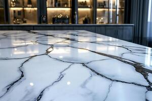Elegant white marble countertop showcasing intricate black veining in a modern kitchen setting. polished white marble countertop displays striking black veining, highlighting its luxurious appeal photo