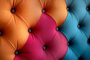 Textured fabric with vibrant colors creating a modern home decor aesthetic in a cozy living space. Brightly colored tufted fabric combines orange, pink, and teal hues, contemporary design of cozy home photo
