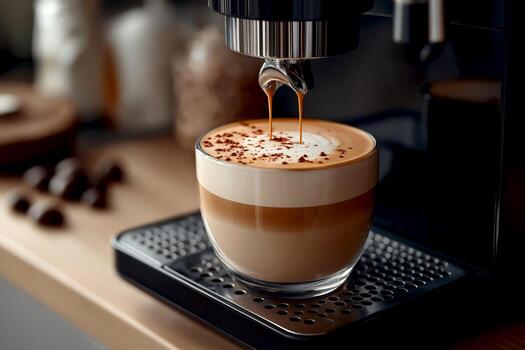 Crafted latte art with rich crema and chocolate shavings on top in a cozy cafe setting. Smooth espresso flows from coffee machine into a clear glass, creating layers of creamy milk photo