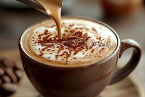 Hot coffee being poured into a cup with creamy froth and chocolate dust on a wooden table with coffee beans. Barista pours coffee into a dark cup, creating a swirl of frothed milk and chocolate dust photo
