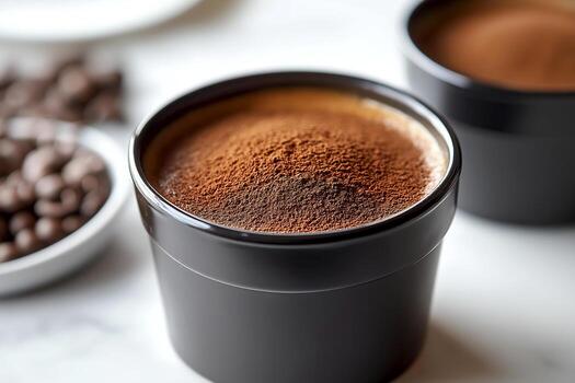 Freshly ground coffee powder in a black container with coffee beans in the background. Rich, aromatic coffee powder is displayed in a sleek black container, accompanied by scattered coffee beans photo