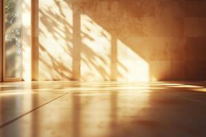 Bright sunlight illuminating rustic home textures with soft shadows, warm interior setting in the afternoon. Sunlight filters through a large window, warm toned walls and polished wooden flooring photo
