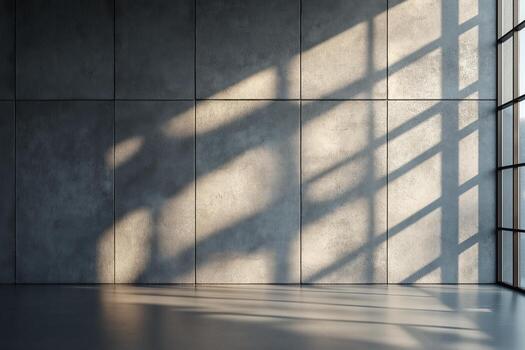moderno interior espacio con texturizado hormigón paredes y dramático ligero patrones desde grande ventanas durante el día. Derecha natural ligero llena minimalista espacio, dinámica oscuridad en texturizado hormigón paredes foto