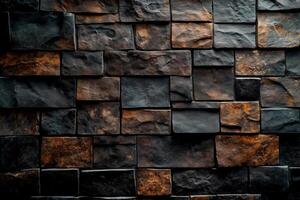 Beautiful texture of dark stone wall featuring various shades and unique shapes for home design inspiration. This textured wall showcases an array of dark stone pieces in varying shapes and colors photo