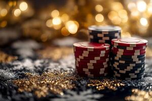 Festive casino chips sparkle amidst holiday bokeh lights during the Christmas season. Casino chips in red and black are stacked on a glittering surface, surrounded by bright bokeh lights photo