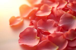Delicate pink rose petals scattered softly on a surface illuminated by warm sunlight. Red rose petals on a light neutral background photo